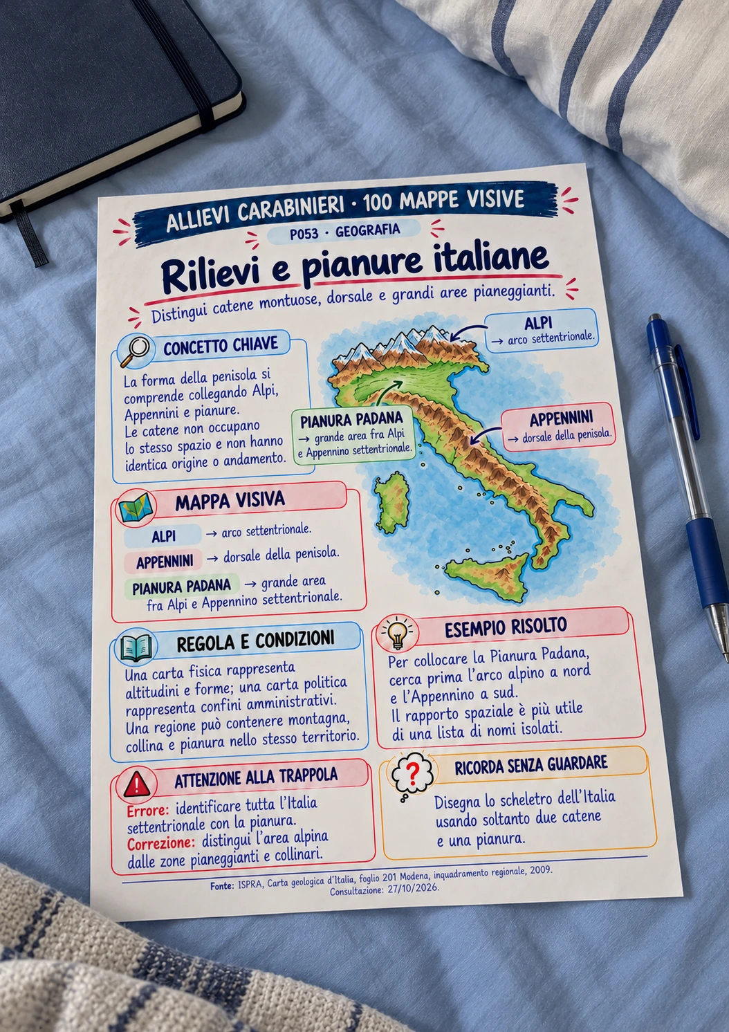 Mappa Rilievi e pianure italiane stampata